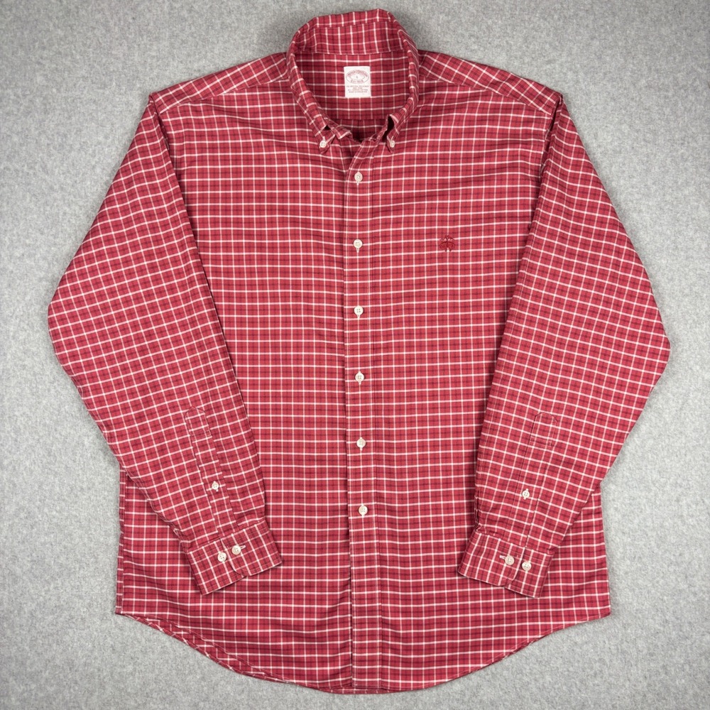 Brooks Brothers 1818 Shirt Red Check Mens L Non-Iron Supima Cotton Button Down